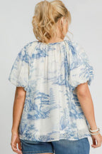 Umgee Bluse Hellblau Gemustert Rüschen Kurze Ballonärmel Freizeit-Top Übergröße