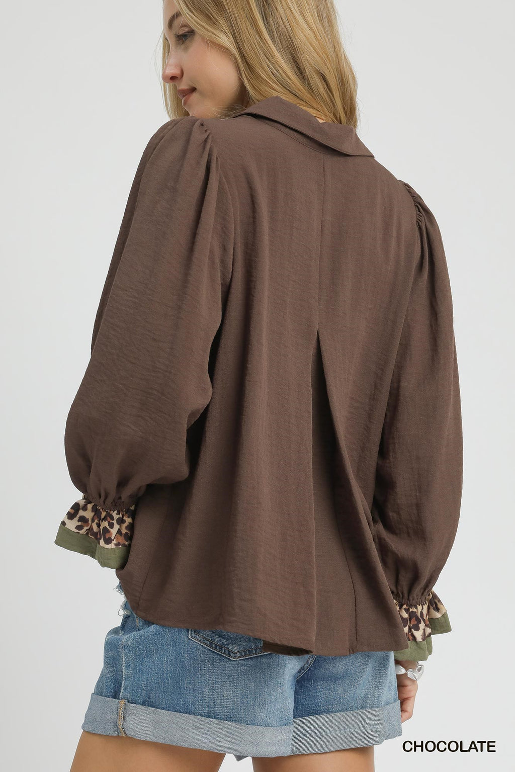 Umgee Blouse Half Button Collar Leopard Trim Brown Long Sleeve Casual Top