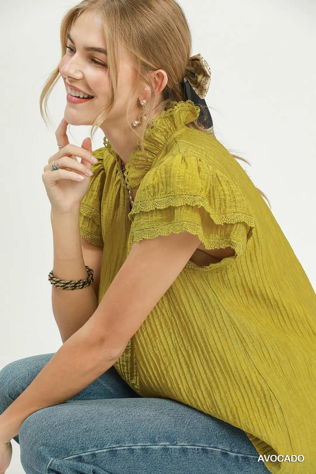 Umgee Casual Textured Blouse Avocado Green Lace Trim Ruffle Short Sleeve Top