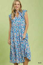 Umgee Midi Dress Floral Blue Leaf Print V-Neck Ruffle Short Sleeve with Pockets