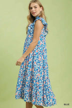 Umgee Midi Dress Floral Blue Leaf Print V-Neck Ruffle Short Sleeve with Pockets