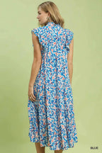 Umgee Midi Dress Floral Blue Leaf Print V-Neck Ruffle Short Sleeve with Pockets