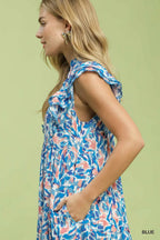 Umgee Midi Dress Floral Blue Leaf Print V-Neck Ruffle Short Sleeve with Pockets