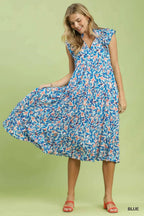 Umgee Midi Dress Floral Blue Leaf Print V-Neck Ruffle Short Sleeve with Pockets