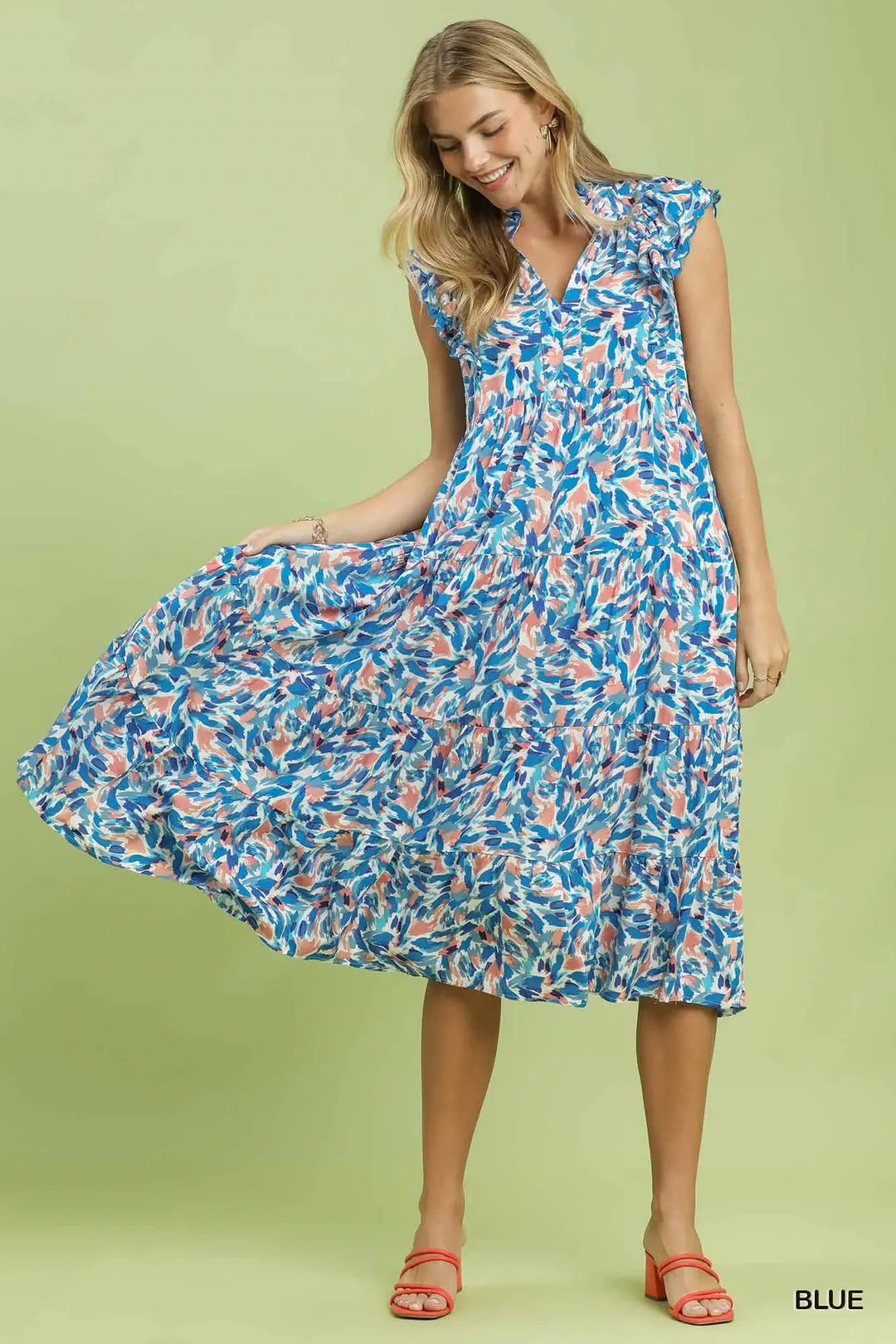 Umgee Midi Dress Floral Blue Leaf Print V-Neck Ruffle Short Sleeve with Pockets