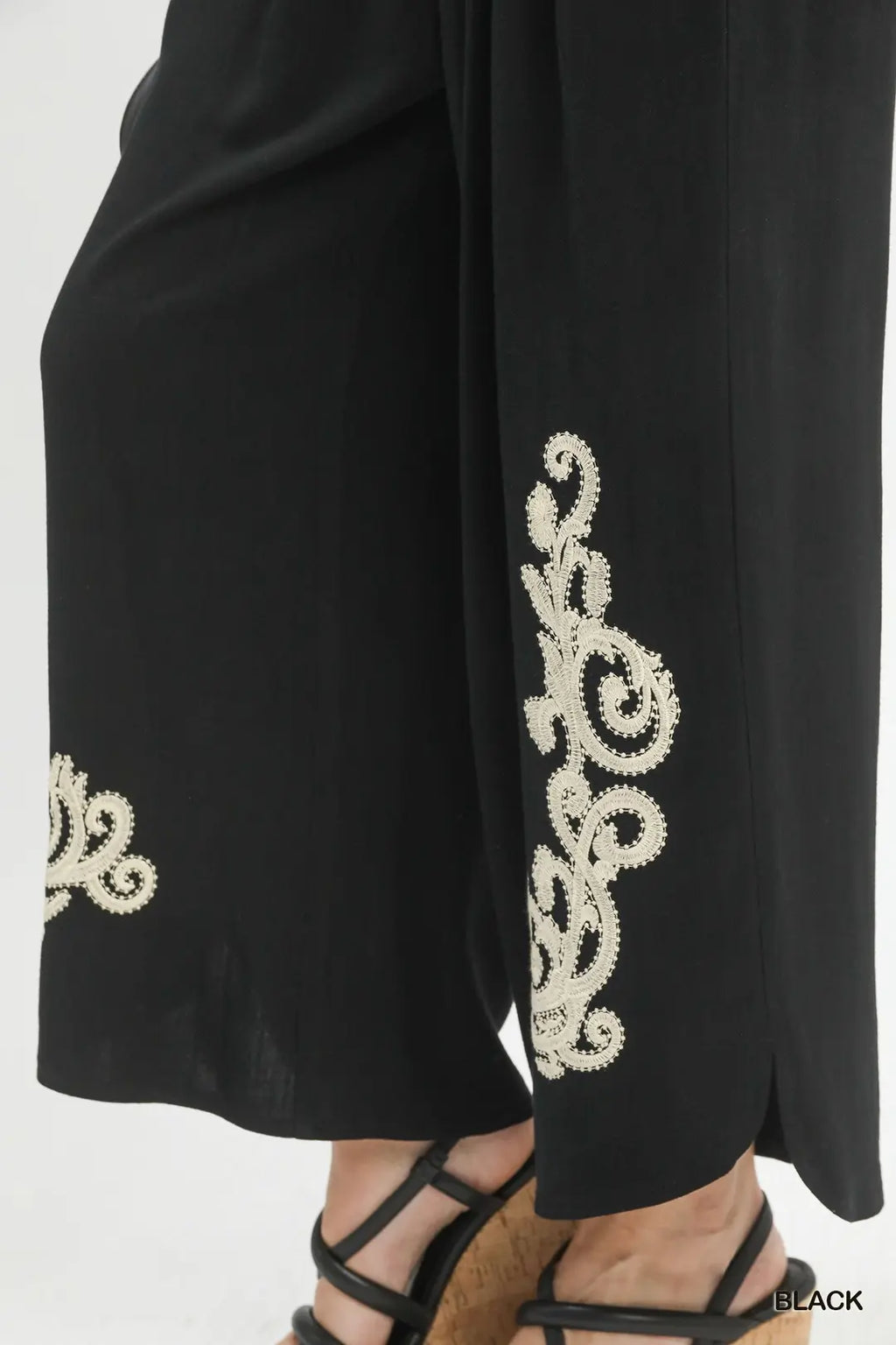 Umgee Linen Pants Black Floral Embroidered Wide-Leg Boho Ankle Trousers