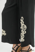 Umgee Leinenhose Schwarz mit Blumenstickerei Weites Bein Boho Knöchelhose