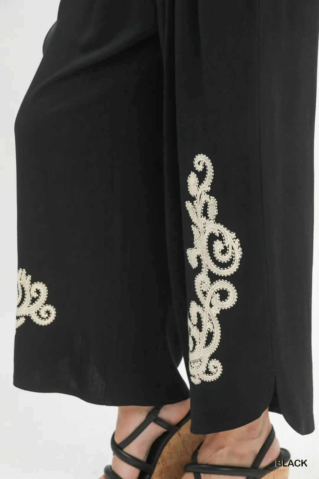 Umgee Linen Pants Black Floral Embroidered Wide-Leg Boho Ankle Trousers