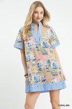 Umgee Mini Dress Cotton Coral Floral Vase Mix Abstract Print V-Neck Short Sleeve