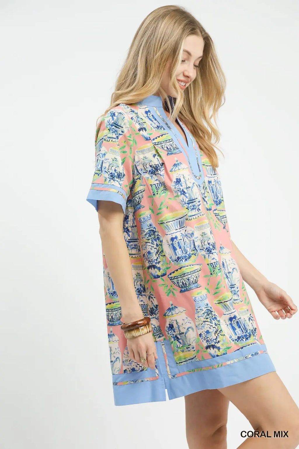 Umgee Mini Dress Cotton Coral Floral Vase Mix Abstract Print V-Neck Short Sleeve