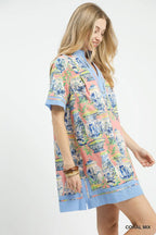 Umgee Mini Dress Cotton Coral Floral Vase Mix Abstract Print V-Neck Short Sleeve