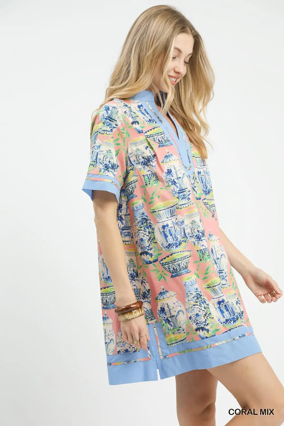 Umgee Mini Dress Cotton Coral Floral Vase Mix Abstract Print V-Neck Short Sleeve