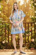 Umgee Mini Dress Cotton Coral Floral Vase Mix Abstract Print V-Neck Short Sleeve
