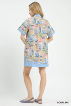 Umgee Mini Dress Cotton Coral Floral Vase Mix Abstract Print V-Neck Short Sleeve