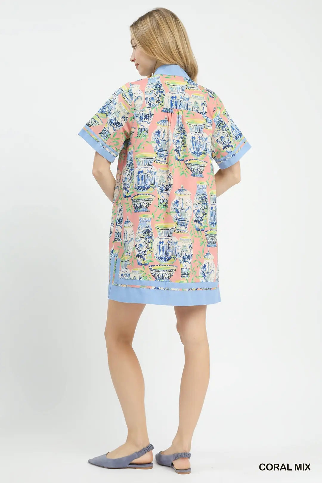 Umgee Mini Dress Cotton Coral Floral Vase Mix Abstract Print V-Neck Short Sleeve