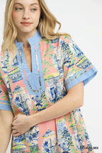 Umgee Mini Dress Cotton Coral Floral Vase Mix Abstract Print V-Neck Short Sleeve