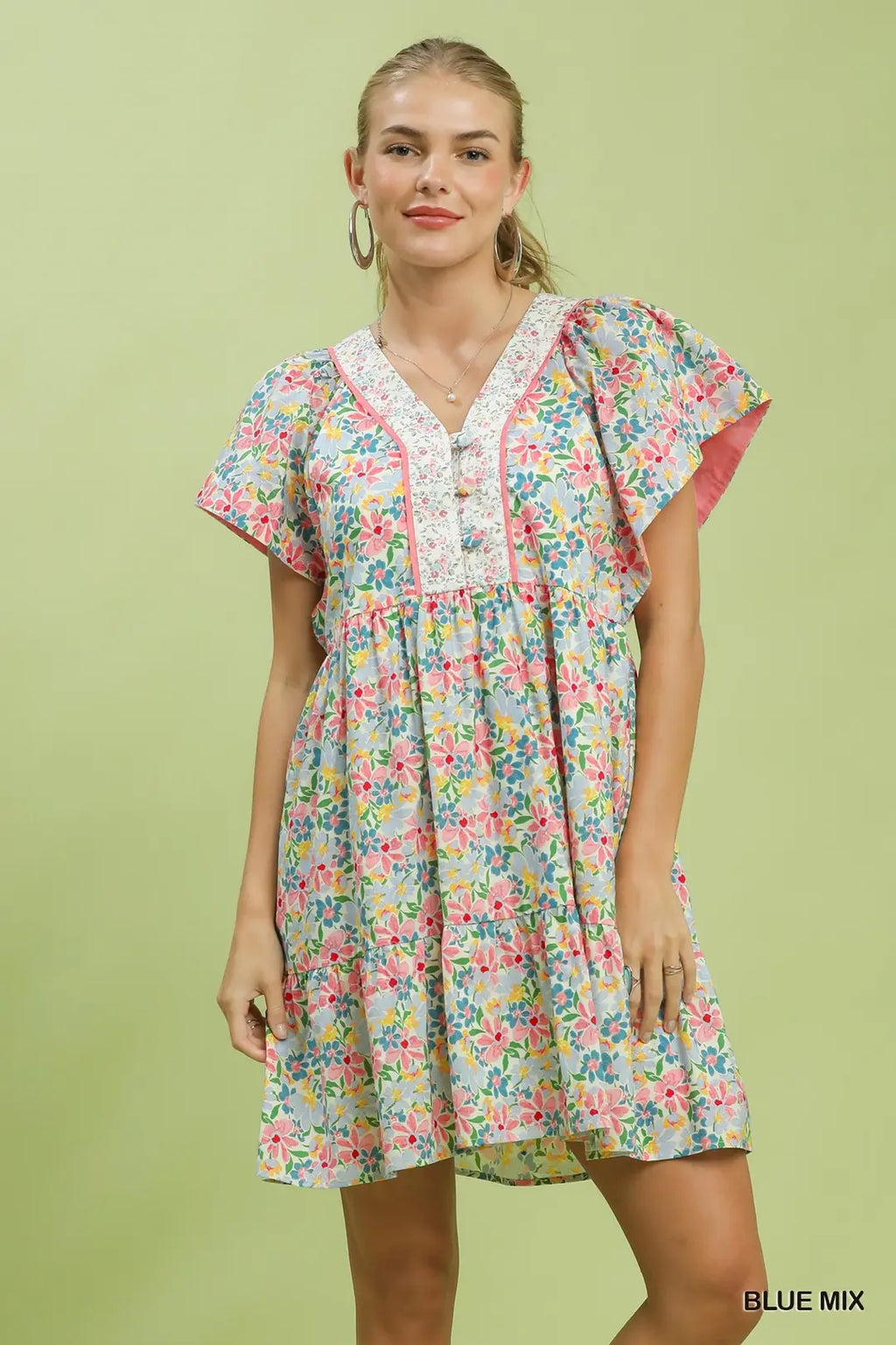 Umgee USA Mini Dress Floral Mix V-Neck Trim Button Ruffled Short Sleeve Casual