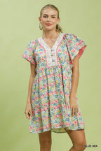 Umgee USA Mini Dress Floral Mix V-Neck Trim Button Ruffled Short Sleeve Casual