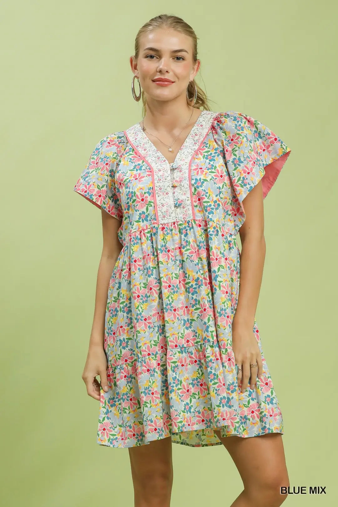 Umgee USA Mini Dress Floral Mix V-Neck Trim Button Ruffled Short Sleeve Casual