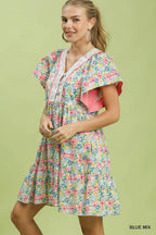 Umgee USA Mini Dress Floral Mix V-Neck Trim Button Ruffled Short Sleeve Casual