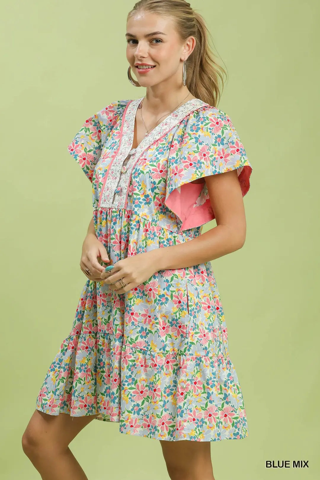 Umgee USA Mini Dress Floral Mix V-Neck Trim Button Ruffled Short Sleeve Casual