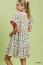 Umgee USA Mini Dress Floral Mix V-Neck Trim Button Ruffled Short Sleeve Casual