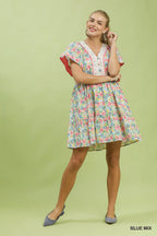 Umgee USA Mini Dress Floral Mix V-Neck Trim Button Ruffled Short Sleeve Casual