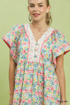Umgee USA Mini Dress Floral Mix V-Neck Trim Button Ruffled Short Sleeve Casual
