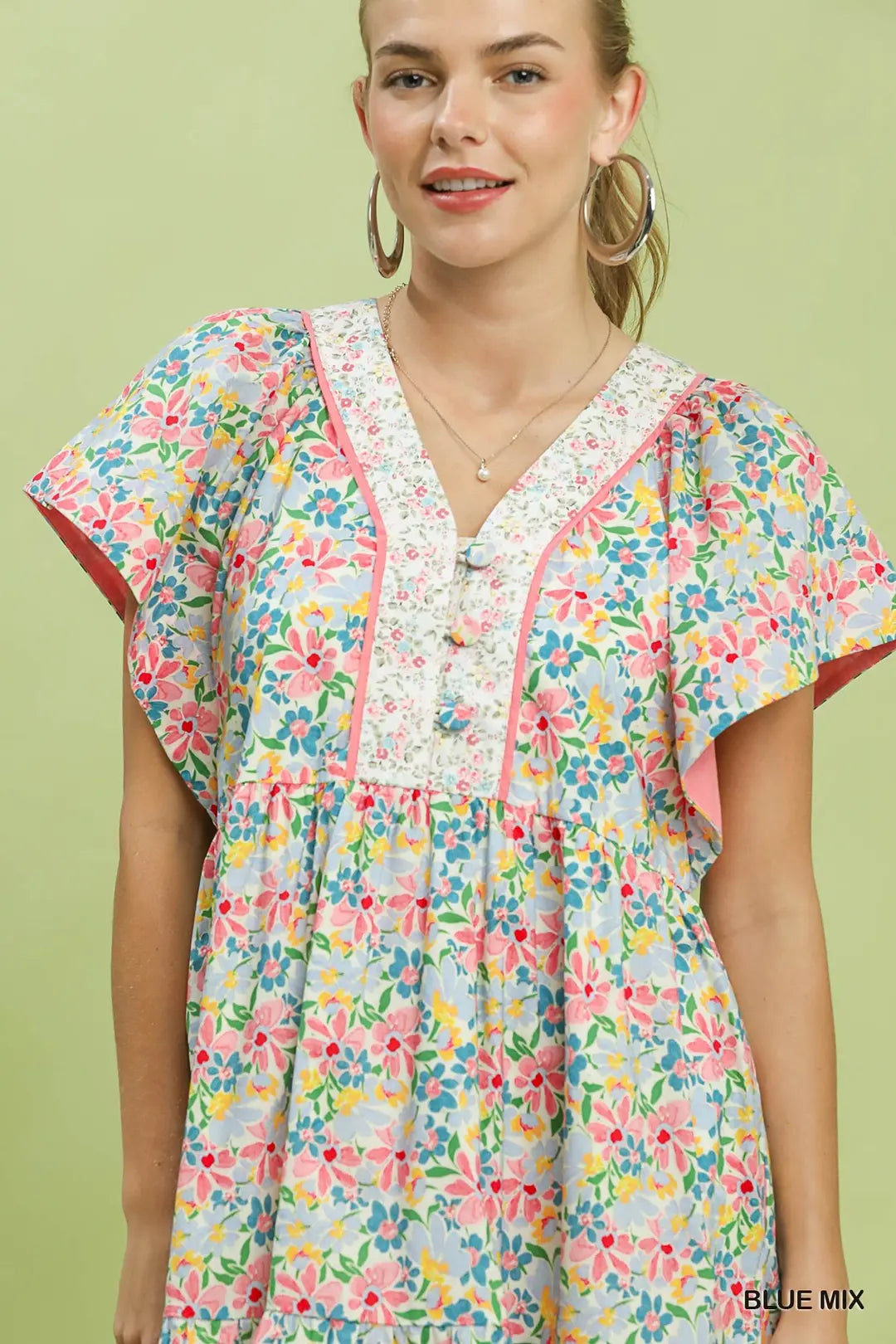Umgee USA Mini Dress Floral Mix V-Neck Trim Button Ruffled Short Sleeve Casual