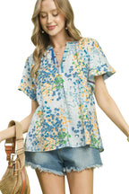 Umgee Casual Blouse Floral Blue Mix Print V-Neck Trim Ruffle Short Sleeve Top
