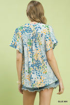 Umgee Casual Blouse Floral Blue Mix Print V-Neck Trim Ruffle Short Sleeve Top