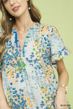 Umgee Casual Blouse Floral Blue Mix Print V-Neck Trim Ruffle Short Sleeve Top