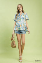 Umgee Casual Blouse Floral Blue Mix Print V-Neck Trim Ruffle Short Sleeve Top