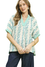 Umgee Blouse Floral V-Neck Stripe Trim Casual Teal Green Short Sleeve Top