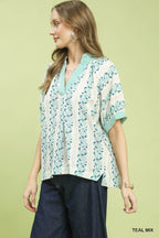 Umgee Blouse Floral V-Neck Stripe Trim Casual Teal Green Short Sleeve Top