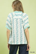 Umgee Blouse Floral V-Neck Stripe Trim Casual Teal Green Short Sleeve Top