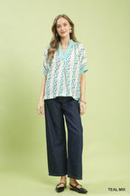 Umgee Blouse Floral V-Neck Stripe Trim Casual Teal Green Short Sleeve Top