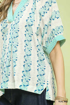 Umgee Blouse Floral V-Neck Stripe Trim Casual Teal Green Short Sleeve Top