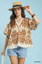 Umgee Cotton Blouse Floral Mix Printed Puff Sleeve V-Neck Contrast Trim Top
