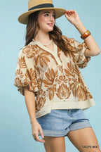 Umgee Cotton Blouse Floral Mix Printed Puff Sleeve V-Neck Contrast Trim Top