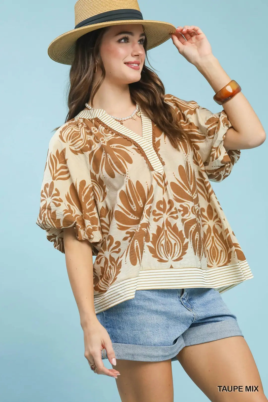 Umgee Cotton Blouse Floral Mix Printed Puff Sleeve V-Neck Contrast Trim Top