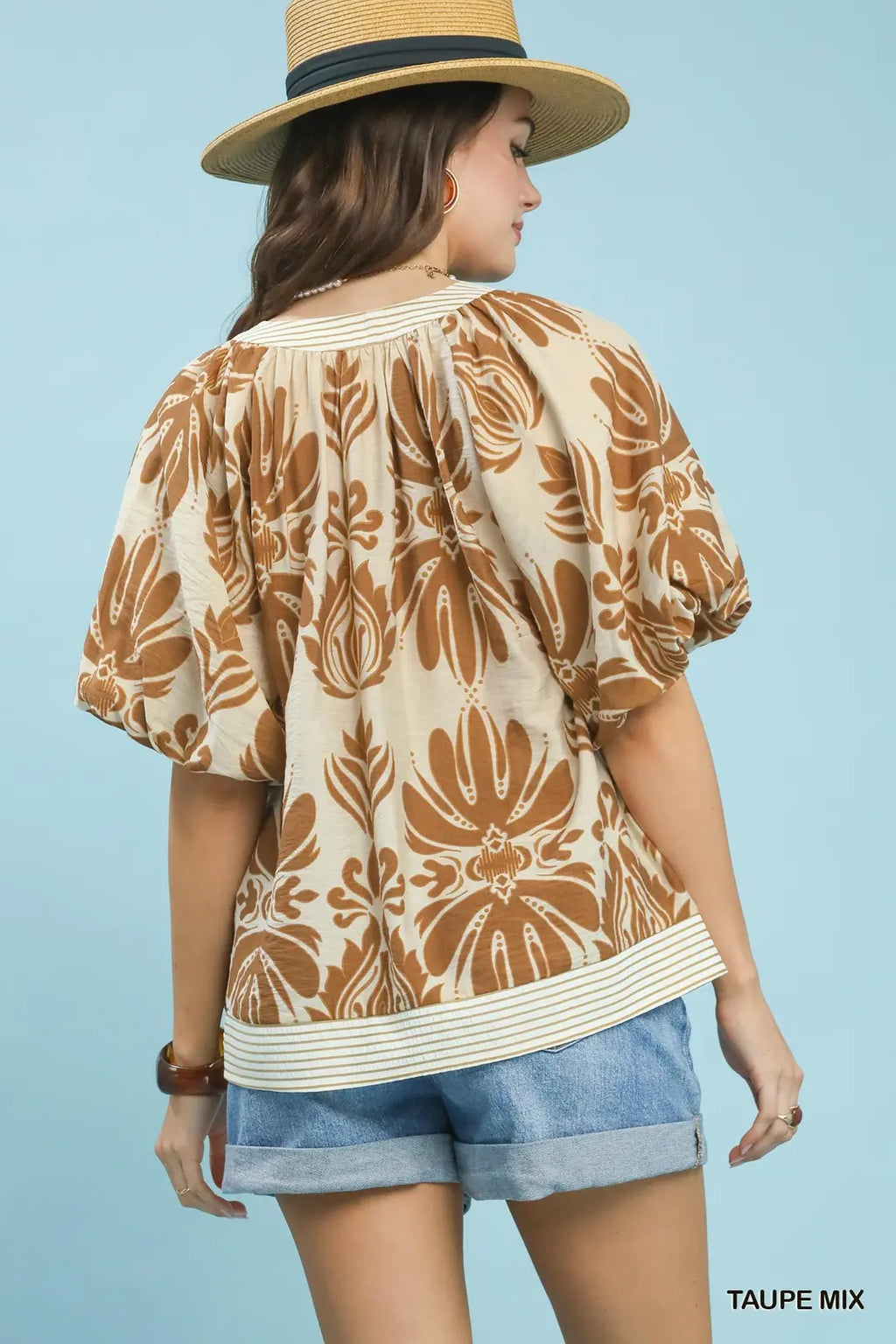 Umgee Cotton Blouse Floral Mix Printed Puff Sleeve V-Neck Contrast Trim Top