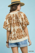 Umgee Cotton Blouse Floral Mix Printed Puff Sleeve V-Neck Contrast Trim Top