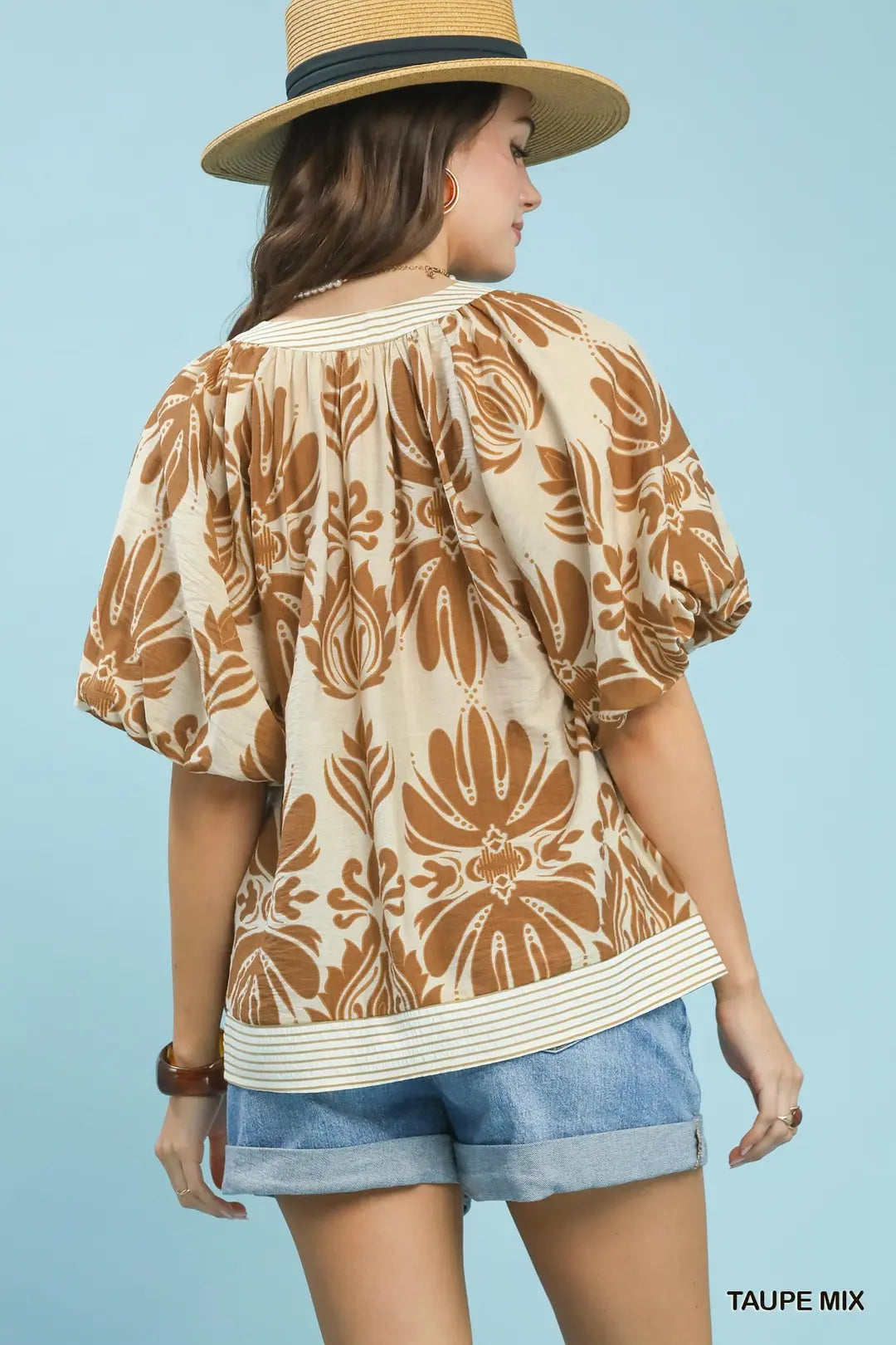 Umgee Cotton Blouse Floral Mix Printed Puff Sleeve V-Neck Contrast Trim Top