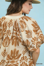 Umgee Cotton Blouse Floral Mix Printed Puff Sleeve V-Neck Contrast Trim Top