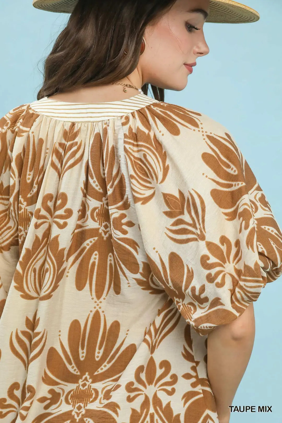 Umgee Cotton Blouse Floral Mix Printed Puff Sleeve V-Neck Contrast Trim Top