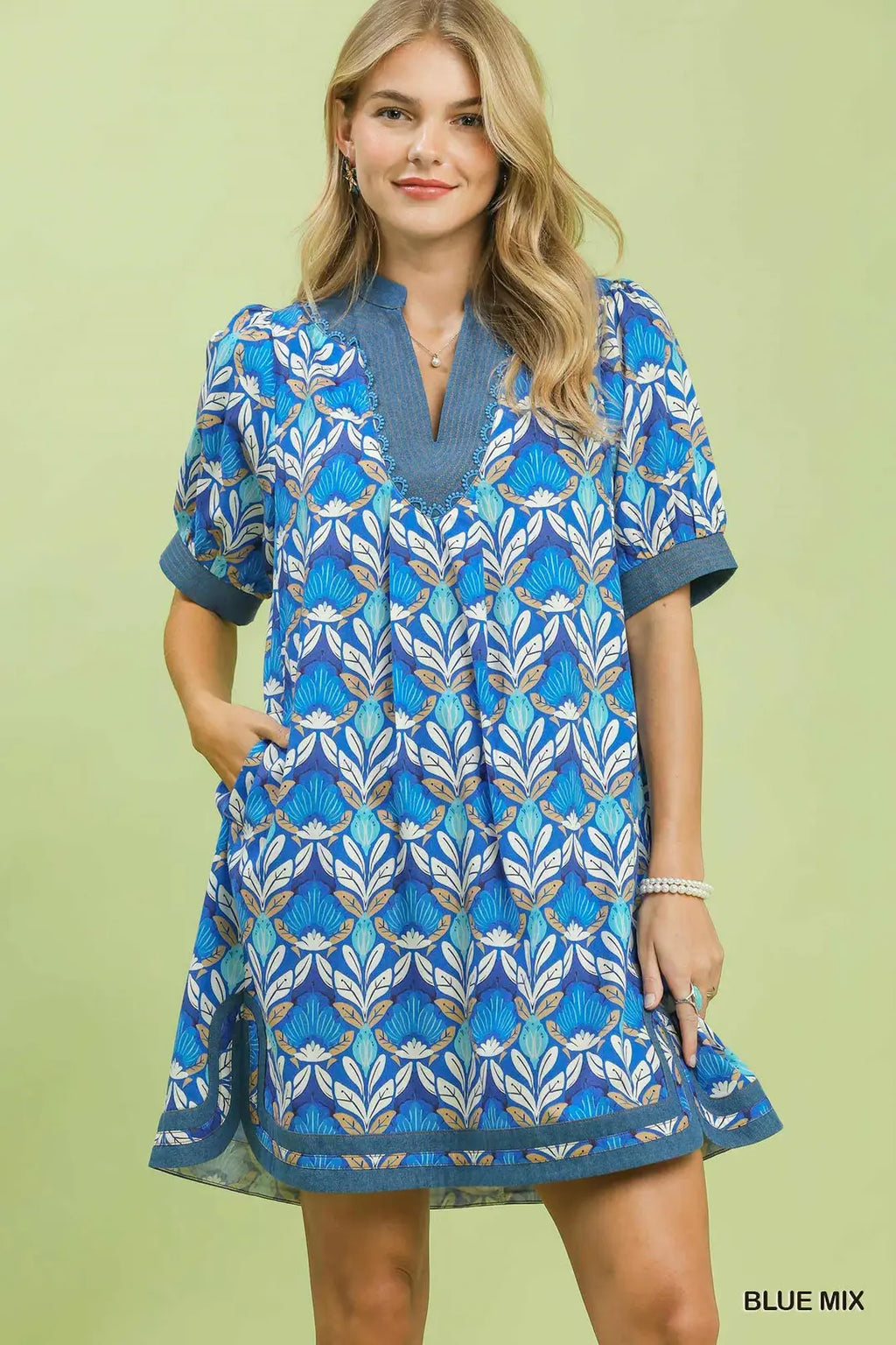 Umgee Cotton Mini Dress Blue Floral Tile Mix V-Neck Trim Casual Short Sleeve