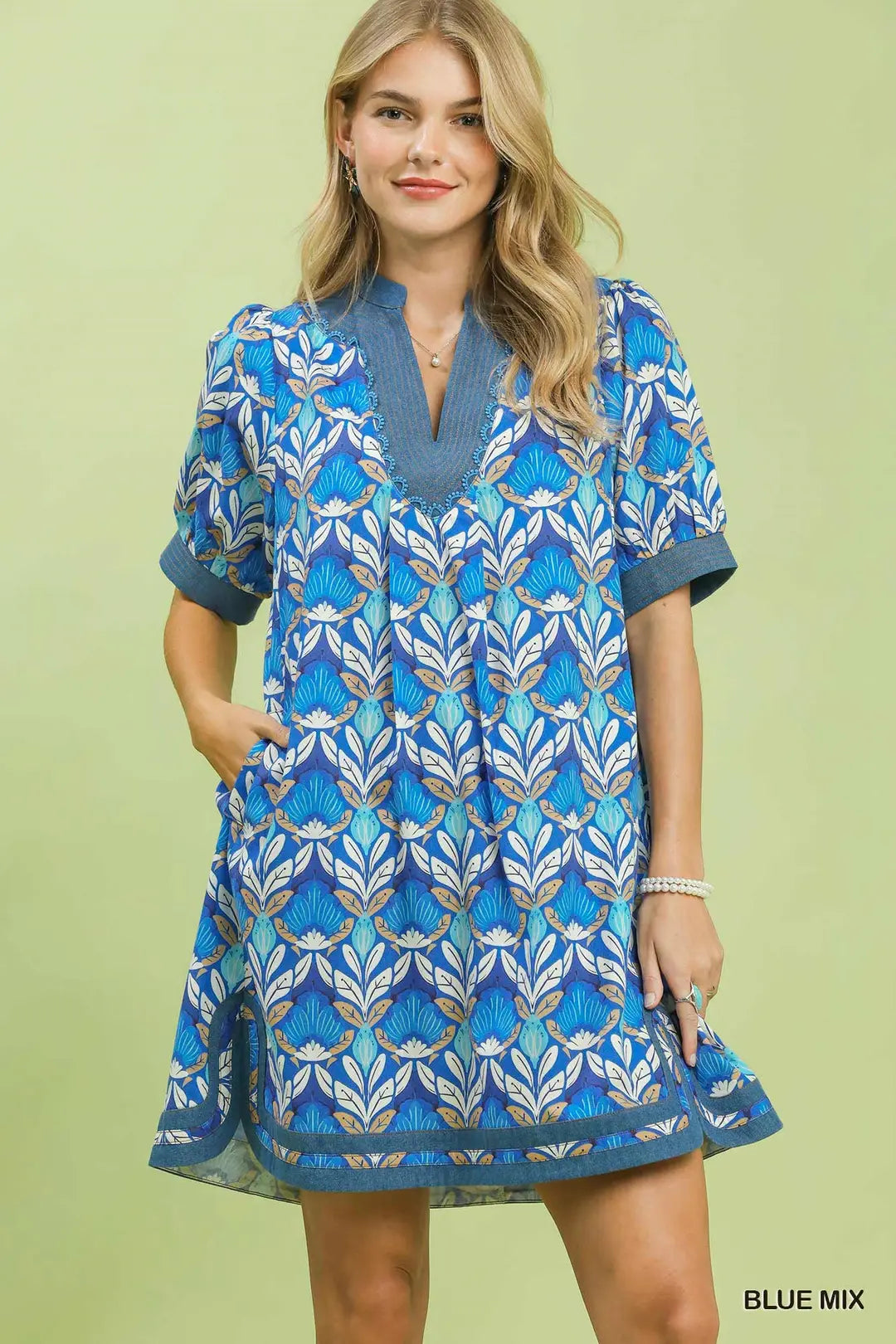 Umgee Cotton Mini Dress Blue Floral Tile Mix V-Neck Trim Casual Short Sleeve