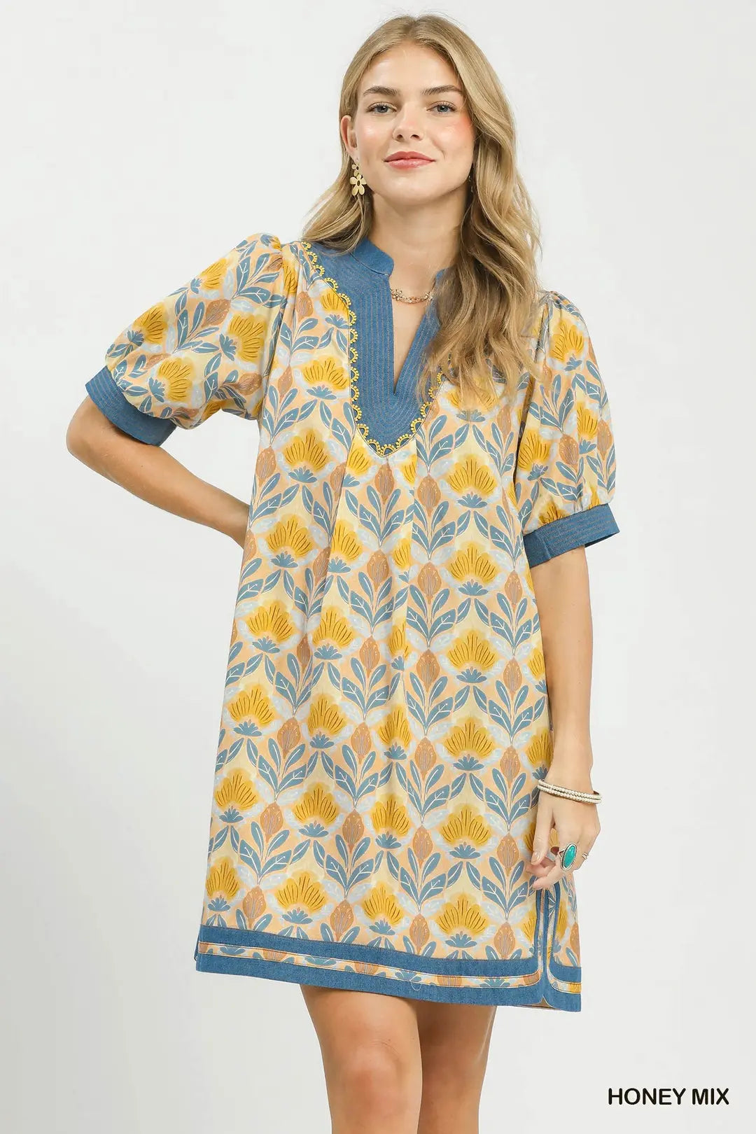 Umgee Cotton Floral Honey Yellow Mix Print Mini V-Neck Lace Trim Casual