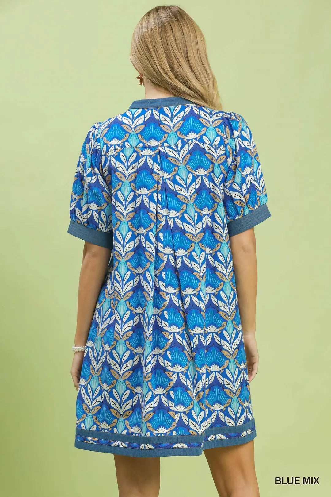 Umgee Cotton Mini Dress Blue Floral Tile Mix V-Neck Trim Casual Short Sleeve